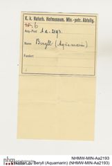 Etiketten zu Beryll (Aquamarin) (NHMW-MIN-Aa2193)
